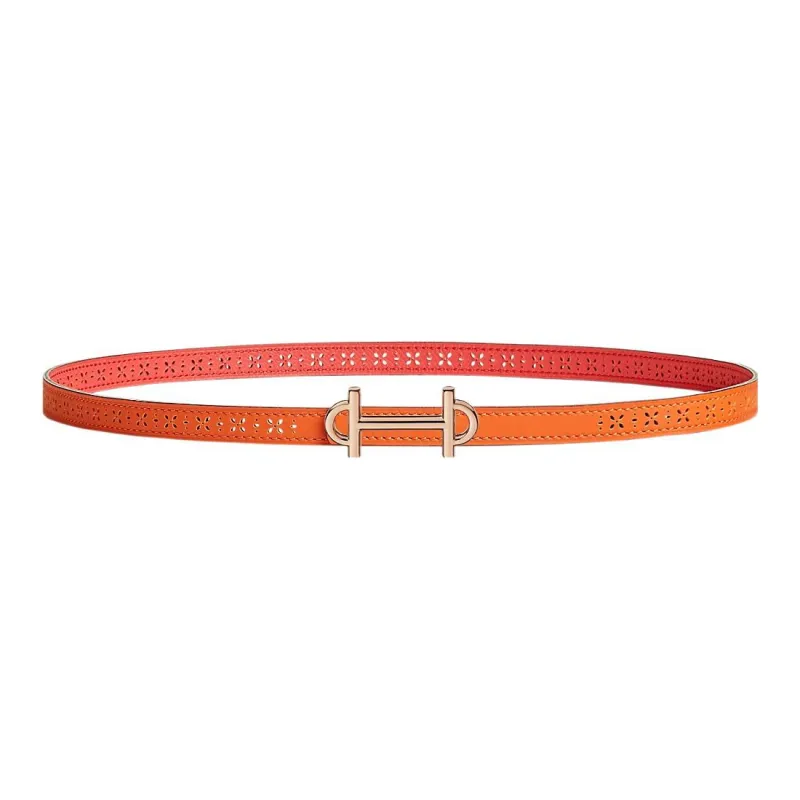 HERMES Rose Gold Buckle Epsom Calfskin Double-Sided Leather Belt Women's Orange Width: 1.3cm-0