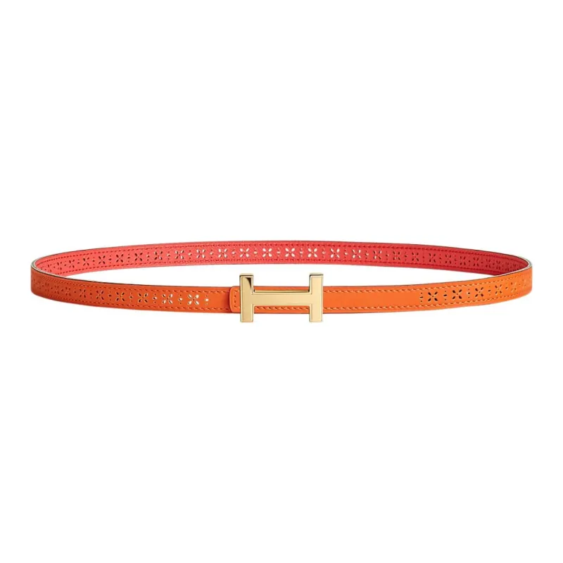 HERMES Medor Delicate Lattice Gold Buckle Epsom Calfskin Double Sided Leather Belt Women's Orange Width 1.3cm-0