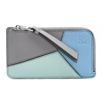 LOEWE Puzzle Cow Leather Coin Card Holder Men's Asphalt Gray/Olympic Blue
