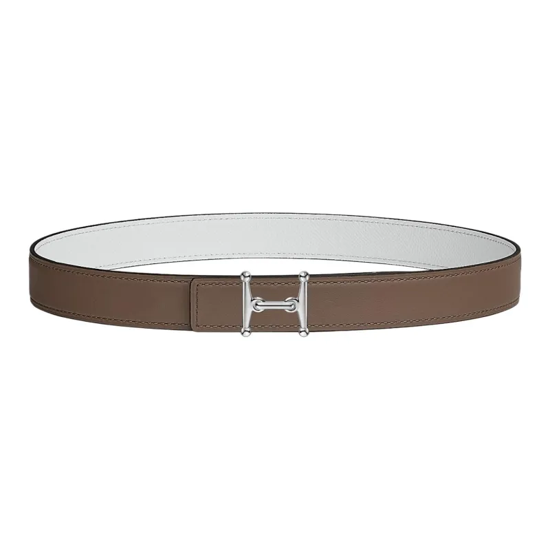 HERMES Mors H Silver Buckle Epsom Calfskin Double-Sided Leather Belt Women's Elephant Gray/White Width: 2.4cm-0