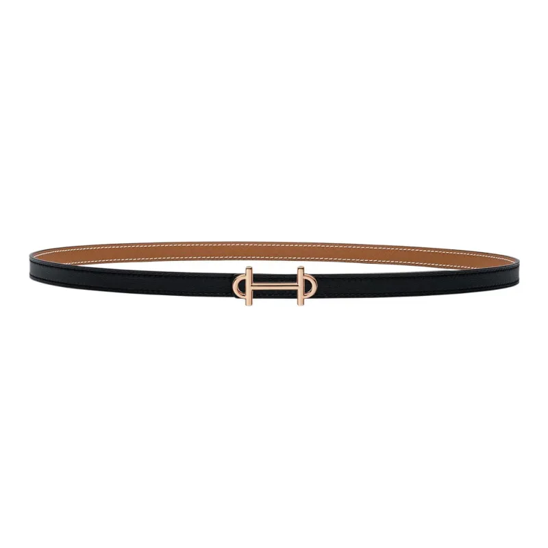 HERMES Gamma Double Sided Gamma Gold Buckle Epsom Calfskin Double Sided Leather Belt Women's Black Width  1.3cm-0