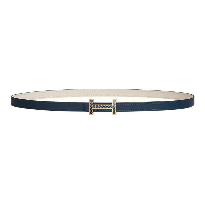 HERMES Focus Comfortable Navy Buckle Epsom Calfskin Double Sided Leather Belt Women's Navy/Chalk White Width 1.3cm-0