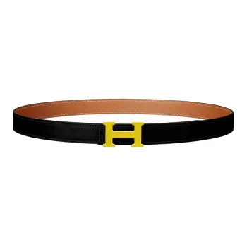 HERMES Logo Yellow Buckle Togo Calfskin Double-Sided Leather Belt Women's Black Width: 2.4cm