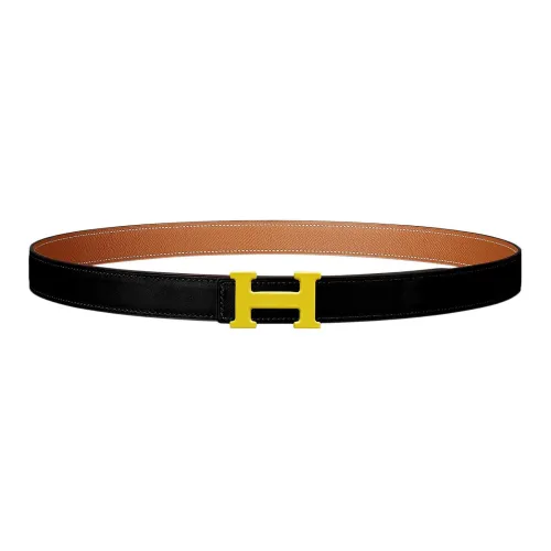 HERMES Logo Yellow Buckle Togo Calfskin Double-Sided Leather Belt Women's Black Width: 2.4cm