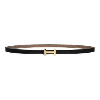 HERMES Focus Letter H Gold Buckle Epsom Calfskin Double Sided Leather Belt Women's Black Width  1.3cm