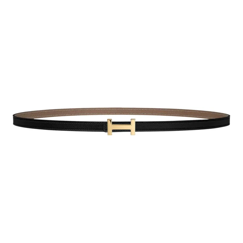 HERMES Focus Letter H Gold Buckle Epsom Calfskin Double Sided Leather Belt Women's Black Width  1.3cm-0