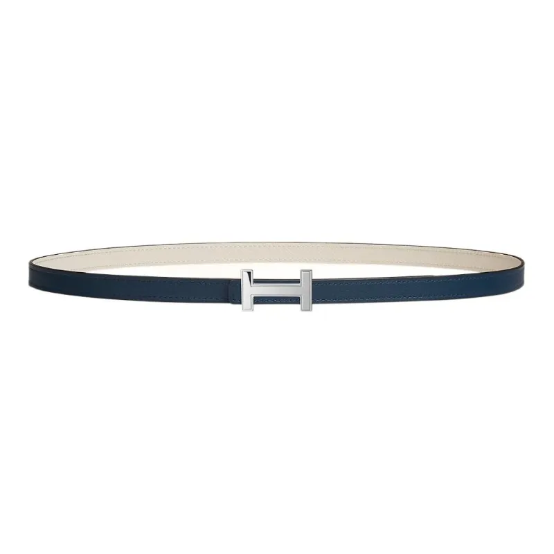 HERMES FocusUI Silver Buckle Epsom Calfskin Double-Sided Leather Belt Women's Navy/Chalk White Width: 1.3cm-0