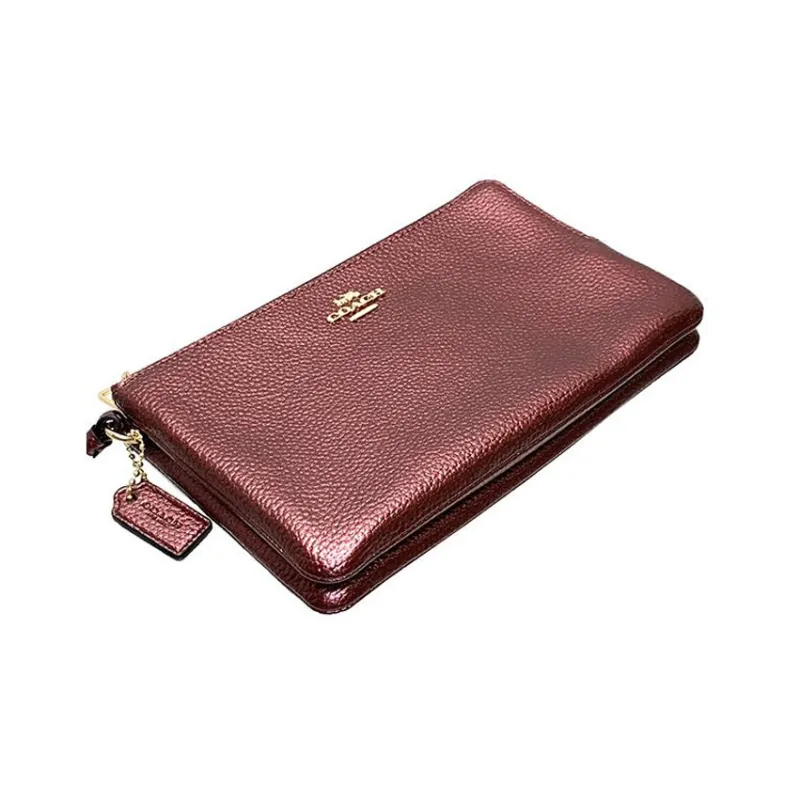 COACH Double Zip Wallet Pebbled Leather Mahjong Box Clutch Wrist Bag Small Size Women's Burgundy-4