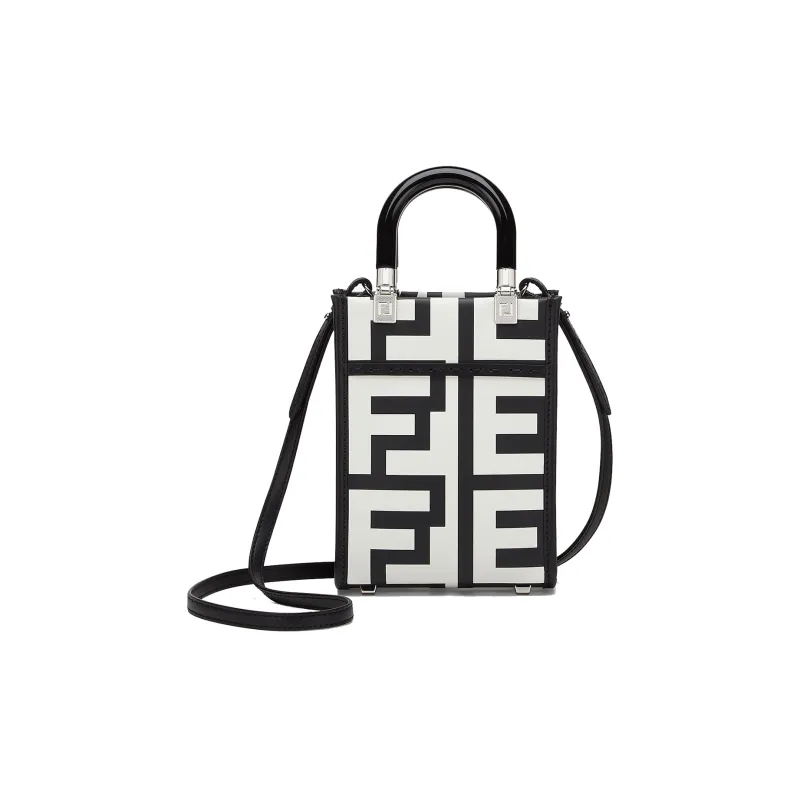 FENDI Sunshine Cow Leather Tote Bag Shopping Bag Shoulder Bag Crossbody Bag Handbag Mini Women's White/Black-0