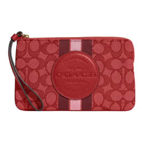 COACH Corner Zip Fabric Clutch Wrist Bag Large Size Women's Red