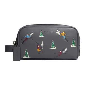 COACH Travel Kit Smooth Calf Leather Makeup Bag Storage Bag Women's Gray