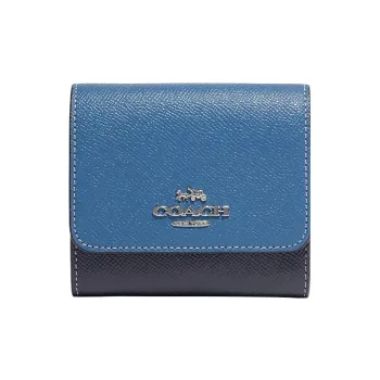 COACH Trifold Wallet Cross-Stitch Leather Card Holder Wallet Small Size Women's Blue