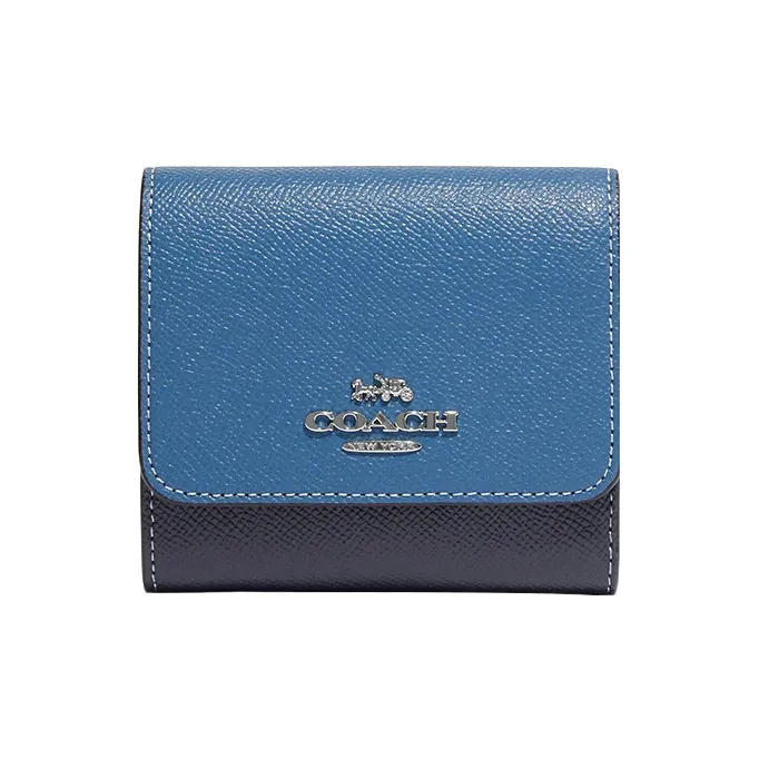 COACH Trifold Wallet Cross-Stitch Leather Card Holder Wallet Small Size Women's Blue-0