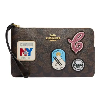 COACH Corner Zip Artificial Leather Clutch Wrist Bag Large Size Women's Brown Black