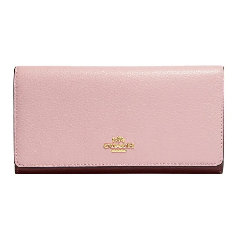 COACH Trifold Wallet Pebbled Leather Card Holder, Wallet Women's Pink & Burgundy-0