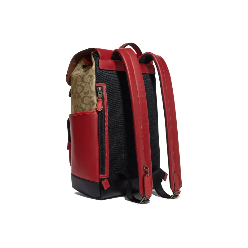 COACH Track Leather Backpack Tubas Women's Khaki & Red-1