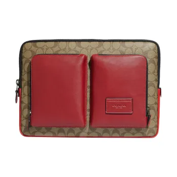 COACH Coated Canvas With Calfskin Briefcase Laptop Bag Tubas Men's Khaki & Red