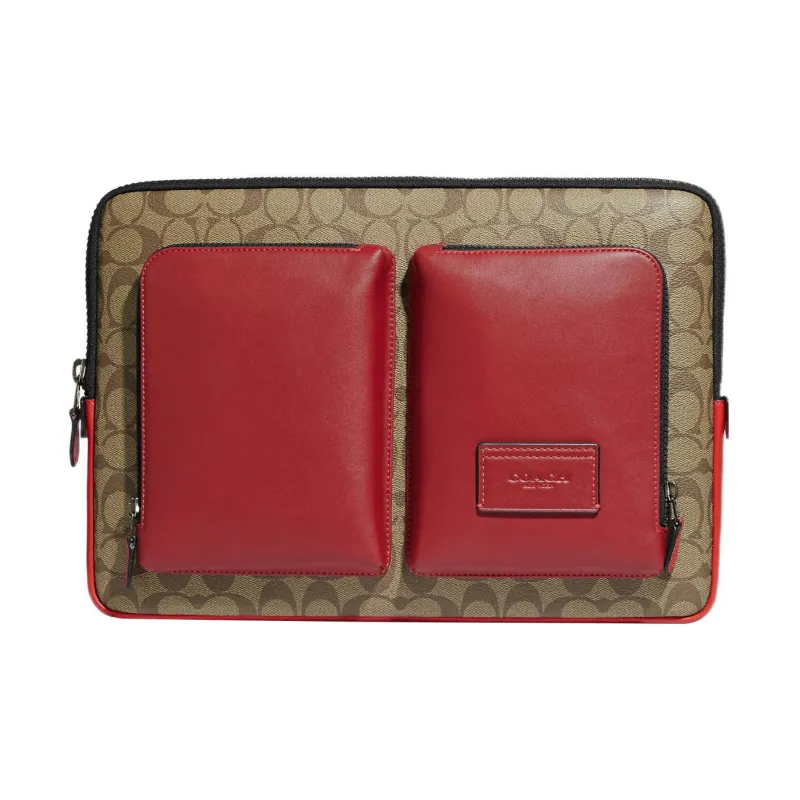COACH Coated Canvas With Calfskin Briefcase Laptop Bag Tubas Men's Khaki & Red-0