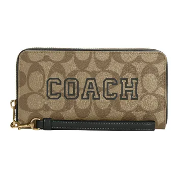 COACH Zip Around Canvas With Leather Card Holder Clutch Wallet Women's Khaki & Dark Green