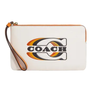 COACH Corner Zip Cow Leather Clutch Wrist Bag Large Size Women's Chalk White