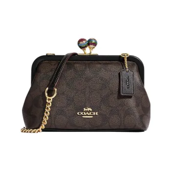 COACH Kisslock Canvas With Smooth Leather Shoulder Bag, Crossbody Bag Women's Brown Black