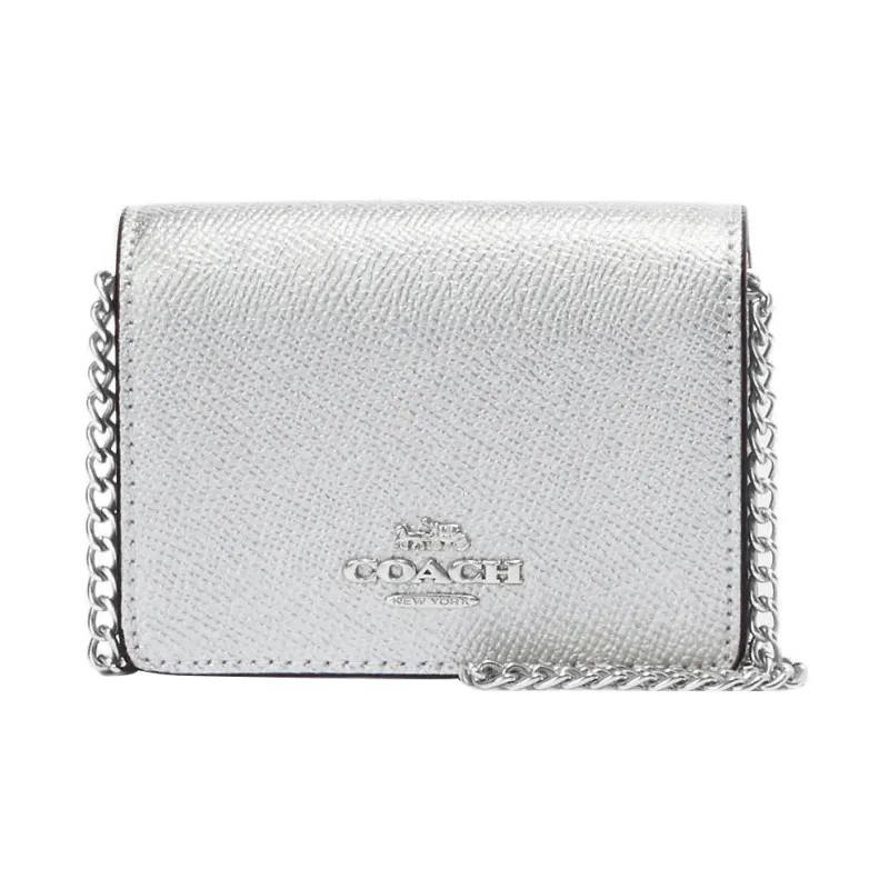 COACH Cross Grain Leather Shoulder Bag, Crossbody Bag, Chain Wallet Mini Women's Metal Silver-0