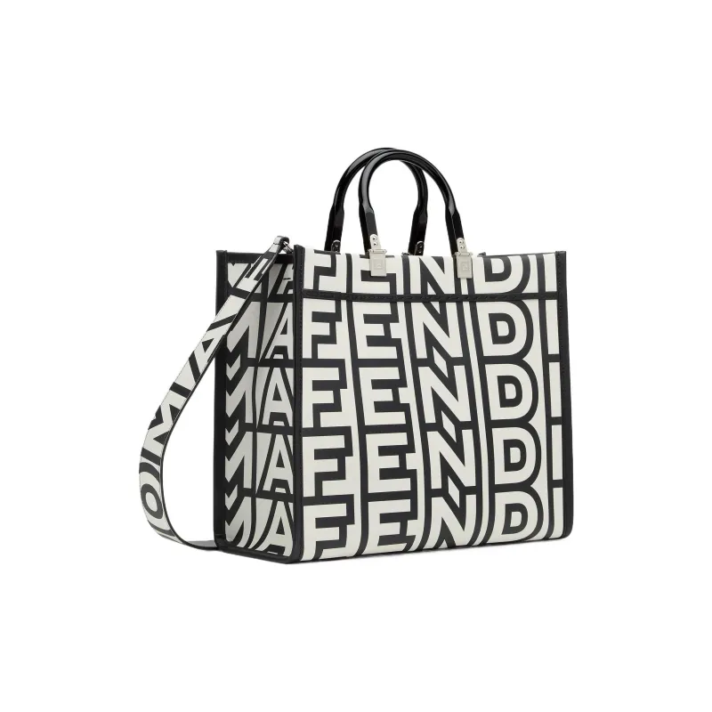 FENDI Sunshine Cow Leather Tote Bag, Shopping Bag, Shoulder Bag, Crossbody Bag, Handbag Medium Size Women's White/Black-1