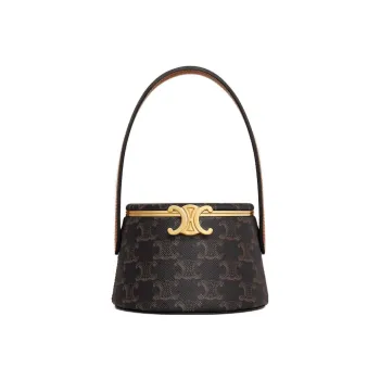 CELINE Triomphe Lambskin With Calfskin Round Makeup Box Clutch Handbag Women's Tan