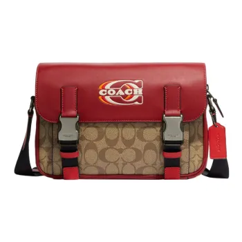 COACH Track Cow Leather Shoulder Bag Crossbody Bag Large Size Men's Red & Khaki