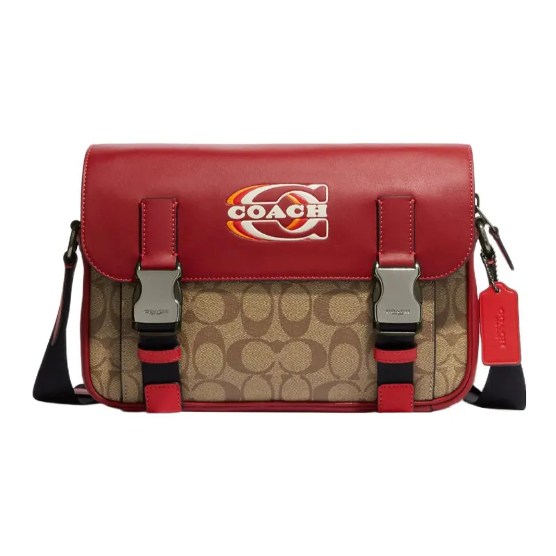 COACH Track Cow Leather Shoulder Bag Crossbody Bag Large Size Men's Red & Khaki-0