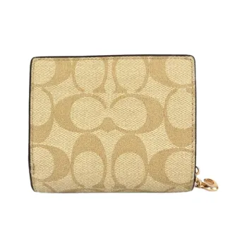 COACH Snap Wallet Iconic Coated Canvas With Smooth Leather Card Holder Wallet Regular Women's Khaki & Saddle Brown