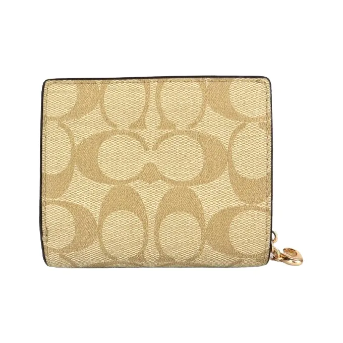 COACH Snap Wallet Iconic Coated Canvas With Smooth Leather Card Holder Wallet Regular Women's Khaki & Saddle Brown-0