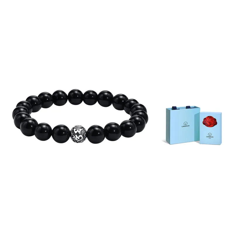 LIANDUO 925 Sterling Silver Black Obsidian Agate Bracelets Unisex-3