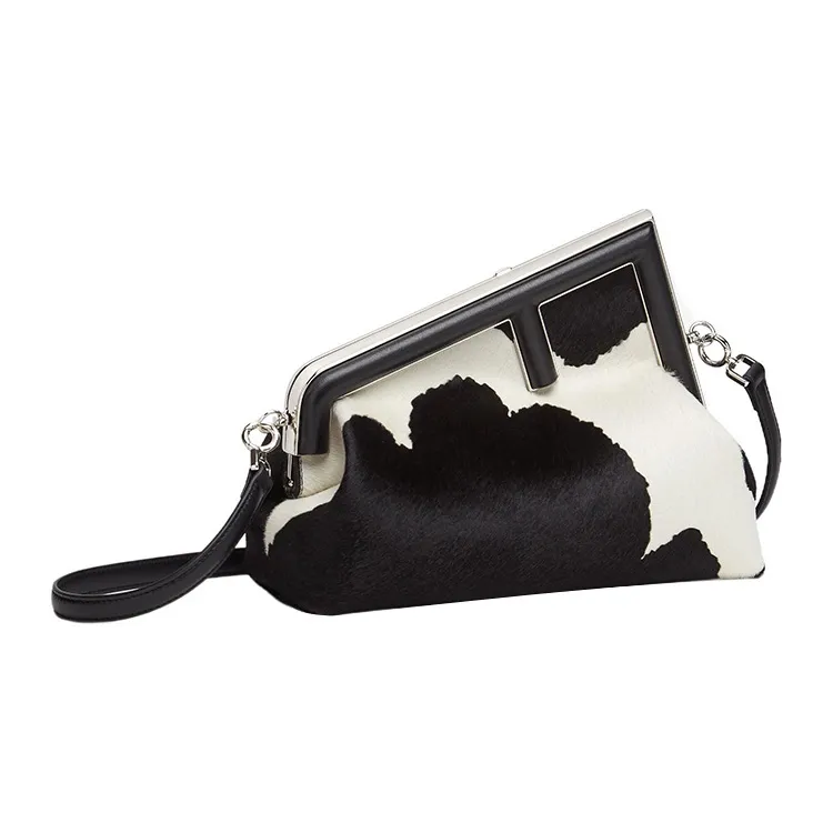 FENDI Fendi First Lambskin One Shoulder Crossbody Clutches Women's Black/White-1