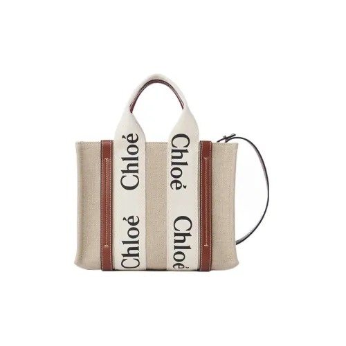 Chloé Wmns Canvas Woody Logo Tote Small Beige/Brown Female
