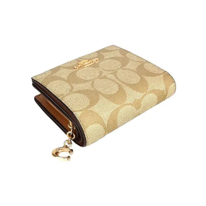 COACH Snap Wallet Iconic Coated Canvas With Smooth Leather Card Holder Wallet Regular Women's Khaki & Saddle Brown-1