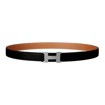 HERMES Double Sided Silver Buckle Togo Calfskin Double Sided Leather Belt Women's Black Width  2.4cm
