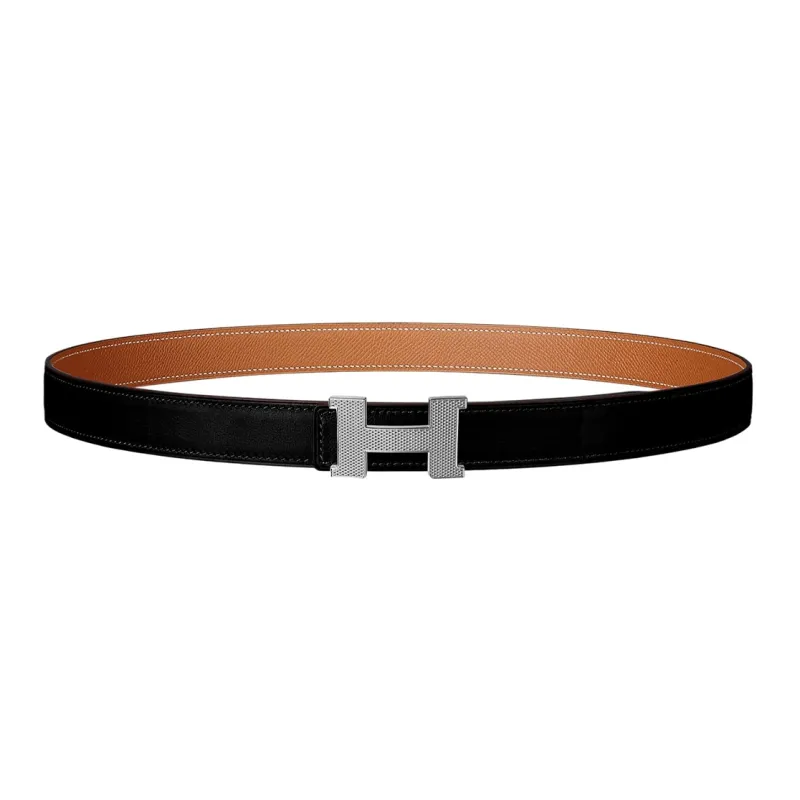 HERMES Mini Constance Double Sided Silver Buckle Togo Calfskin Double Sided Leather Belt Women's Black Width 2.4cm-0