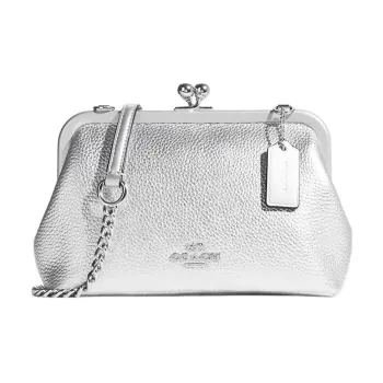 COACH Kisslock Pebbled Leather With Calfskin Shoulder Bag Crossbody Bag Small Size Women's Metal Silver