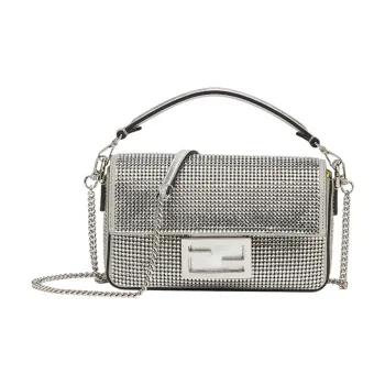 FENDI Baguette Cow Leather Portable Crossbody Bag Shoulder Bag Mini Women's Silver