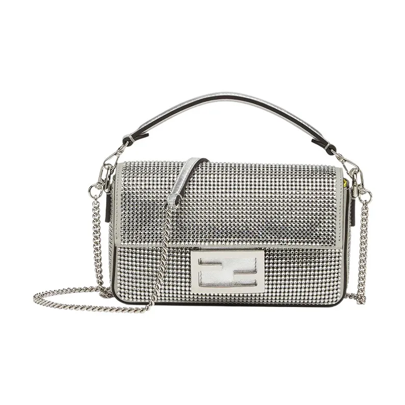 FENDI Baguette Cow Leather Portable Crossbody Bag Shoulder Bag Mini Women's Silver-0