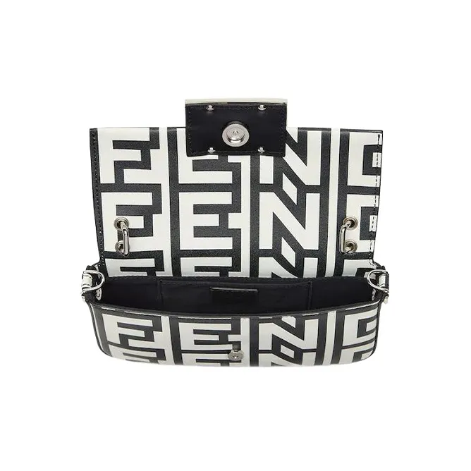 FENDI Baguette Sheepskin Cow Leather Patchwork Handbag Shoulder Bag Crossbody Bag Cell Phone Pouch Women's White/Black-2