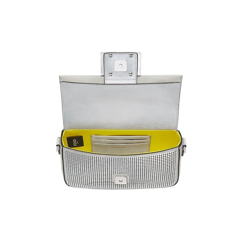 FENDI Baguette Cow Leather Portable Crossbody Bag Shoulder Bag Mini Women's Silver-4