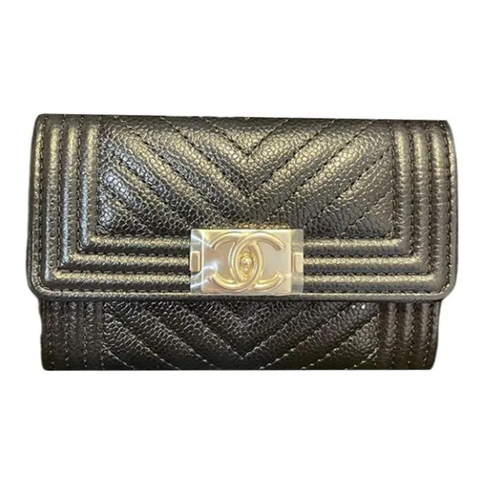 CHANEL Leboy Grain Embossed Calfskin Card Holder, Wallet Women's Black-0