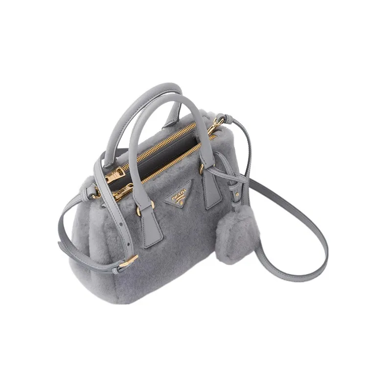 PRADA Plush Tote Bag Shopping Bag Portable Crossbody Bag Shoulder Bag Women's Gray-2