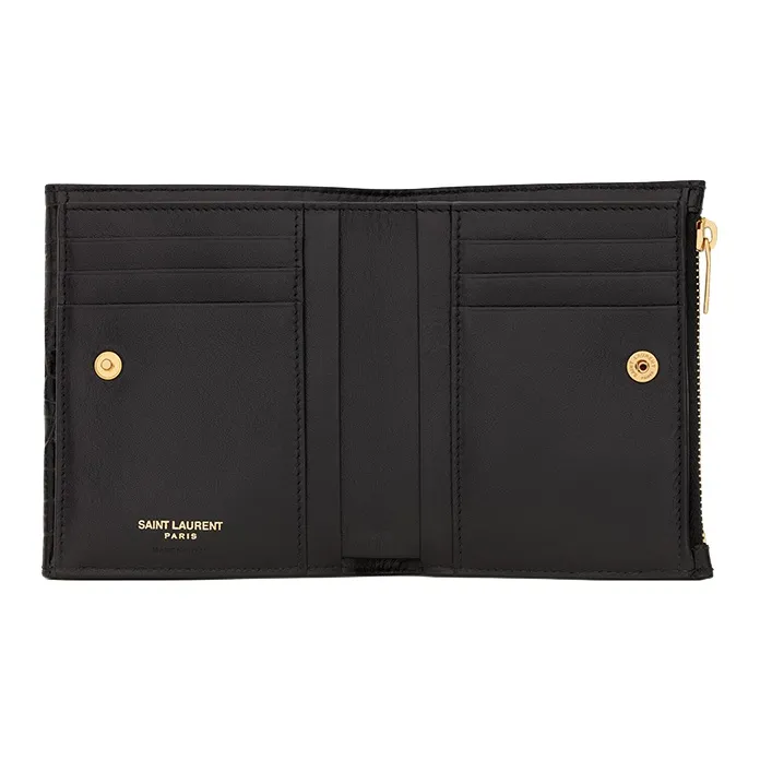 SAINT LAURENT UPTOWN Crocodile Pattern Cow Leather Wallet Trumpets Women's Black-4