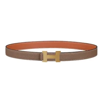 HERMES Minimalist Style Fashion Casual Light Gold Buckle Epsom Calfskin Double-Sided Leather Belt Women's Brown 2.4cm