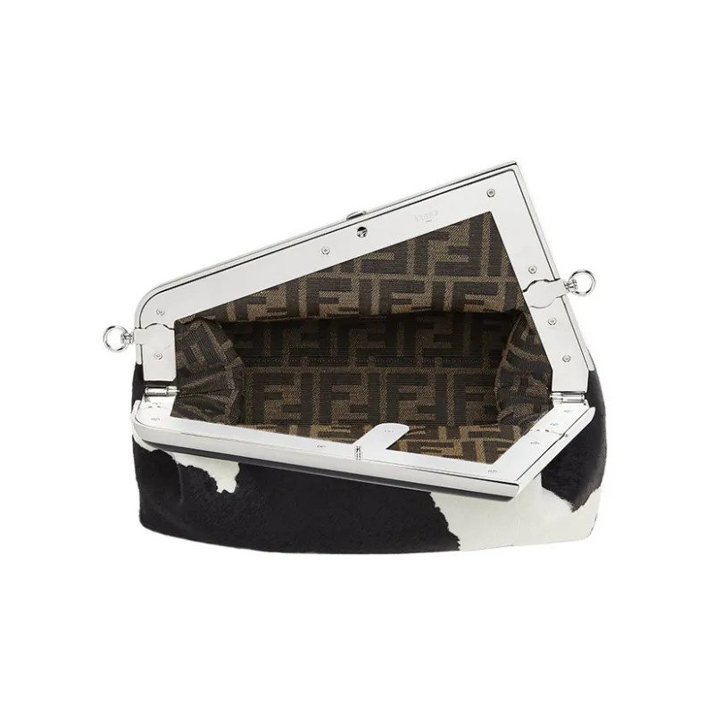 FENDI Fendi First Lambskin One Shoulder Crossbody Clutches Women's Black/White-3