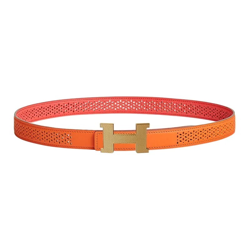 HERMES Individual Light Gold Buckle Epsom Calfskin Double-Sided Leather Belt Women's Orange Width: 2.4cm-0