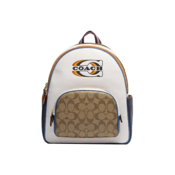 COACH Court Coated Canvas With Pebbled Leather Backpack Large Size Women's Khaki & Chalk White